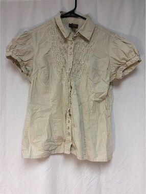 Dots Women's Beige Striped Short Sleeve Button-Up Shirt Size L